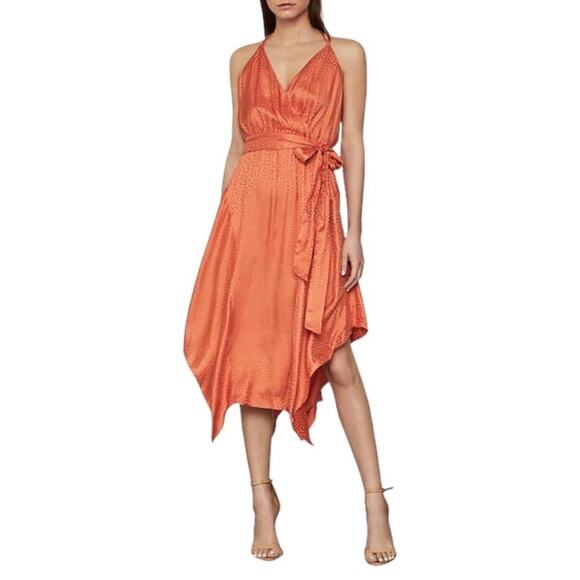 BCBGMaxAzria Satin Handkerchief Midi Dress Orange Dot sz XS Halter Belt Wedding - Picture 1 of 8